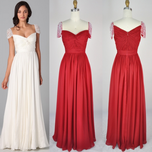 red cap sleeve chiffon prom gown